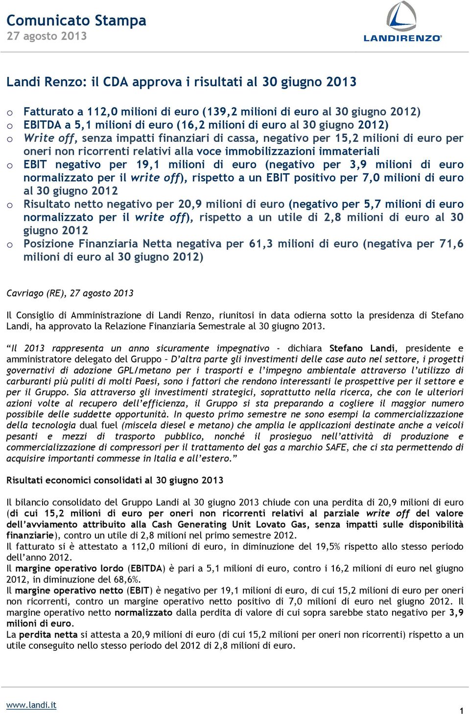 milioni di euro (negativo per 3,9 milioni di euro normalizzato per il write off), rispetto a un EBIT positivo per 7,0 milioni di euro al 30 giugno 2012 o Risultato netto negativo per 20,9 milioni di