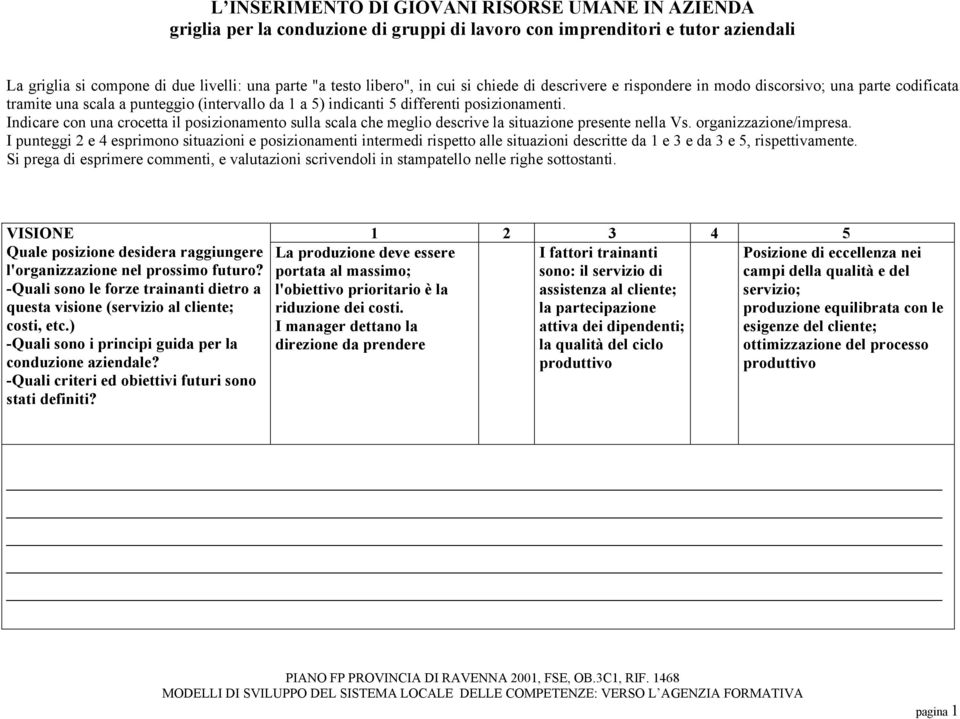 I punteggi 2 e 4 esprimono situazioni e posizionamenti intermedi rispetto alle situazioni descritte da 1 e 3 e da 3 e 5, rispettivamente.