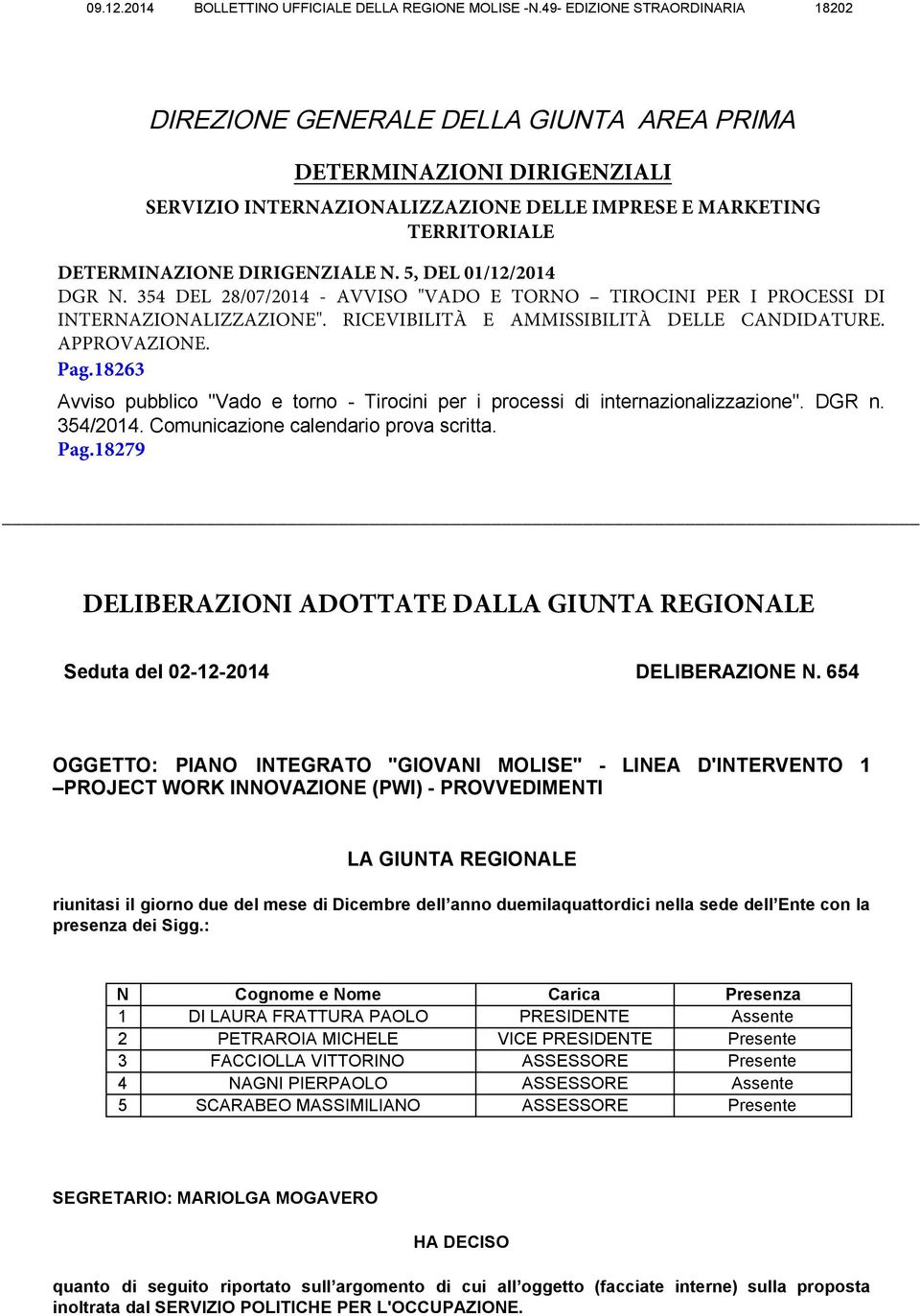 DIRIGENZIALE N. 5, DEL 01/12/2014 DGR N. 354 DEL 28/07/2014 - AVVISO "VADO E TORNO TIROCINI PER I PROCESSI DI INTERNAZIONALIZZAZIONE". RICEVIBILITÀ E AMMISSIBILITÀ DELLE CANDIDATURE. APPROVAZIONE.