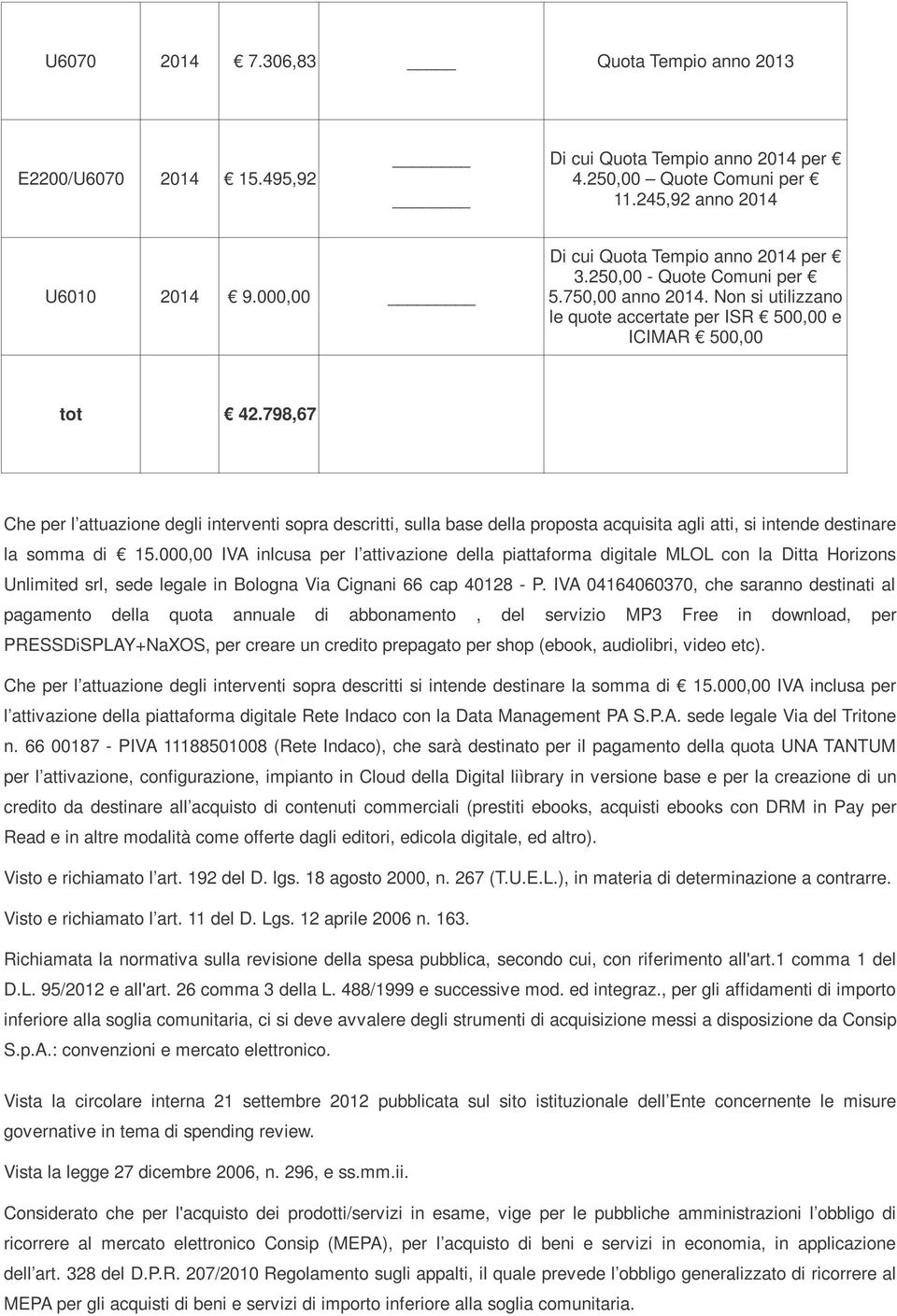 798,67 Che per l attuazione degli interventi sopra descritti, sulla base della proposta acquisita agli atti, si intende destinare la somma di 15.