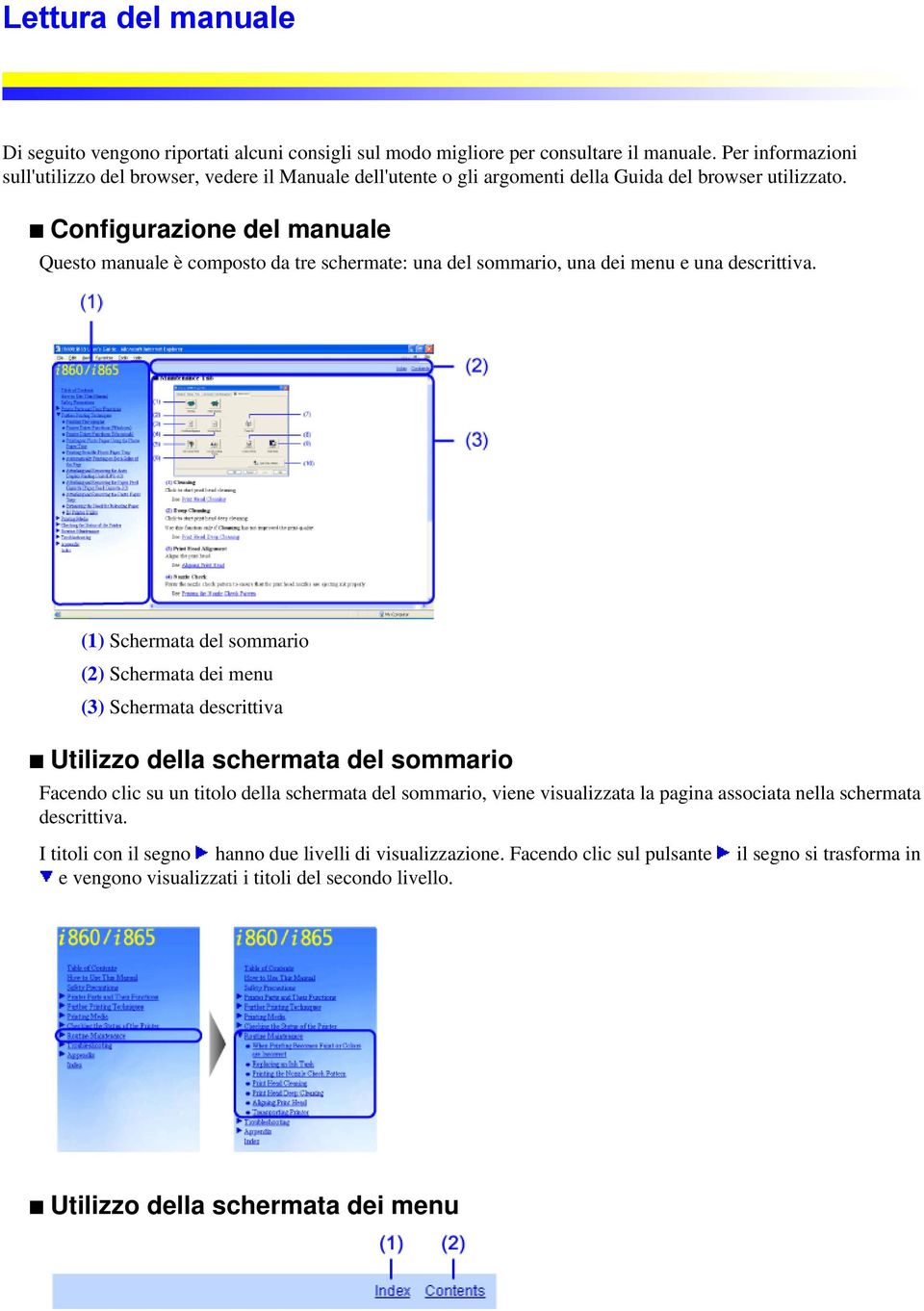 Configurazione del manuale Questo manuale è composto da tre schermate: una del sommario, una dei menu e una descrittiva.