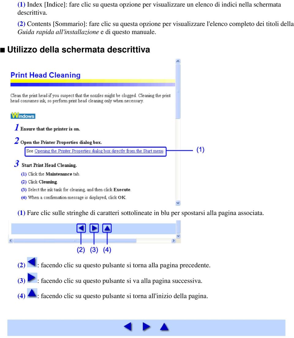 manuale. Utilizzo della schermata descrittiva (1) Fare clic sulle stringhe di caratteri sottolineate in blu per spostarsi alla pagina associata.