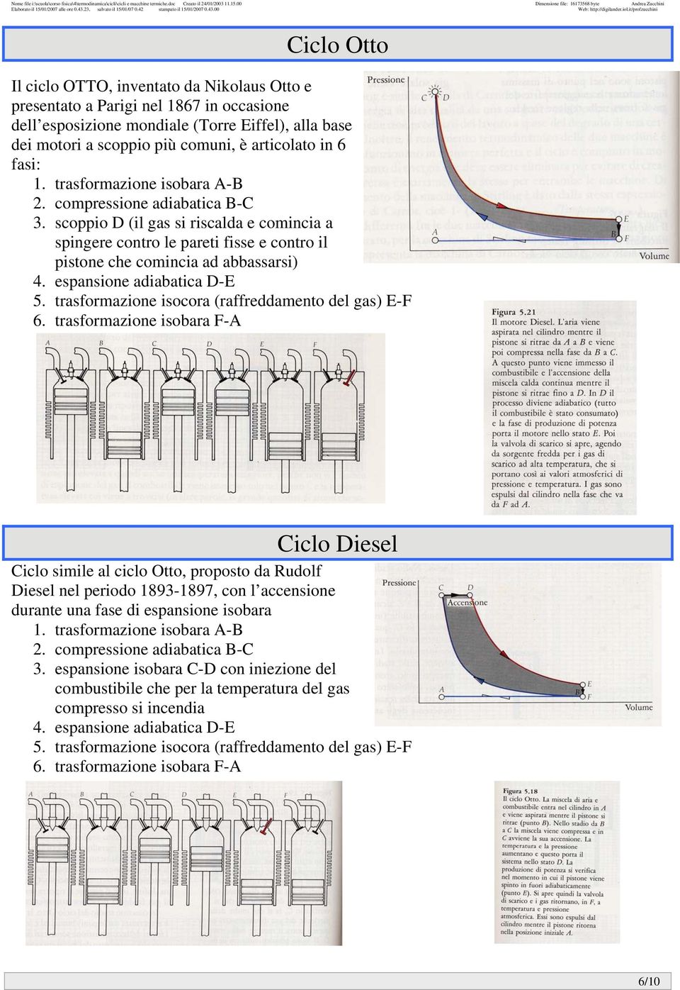 motori a scoppio più comuni, è articolato in 6 fasi: 1. trasformazione isobara - 2. compressione adiabatica - 3.