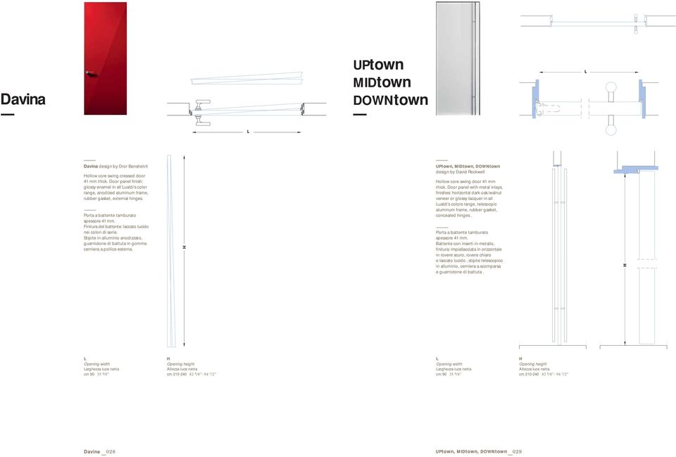 Finitura del battente: laccato lucido nei colori di serie. Stipite in alluminio anodizzato, guarnizione di battuta in gomme. cerniera a pollice esterna.