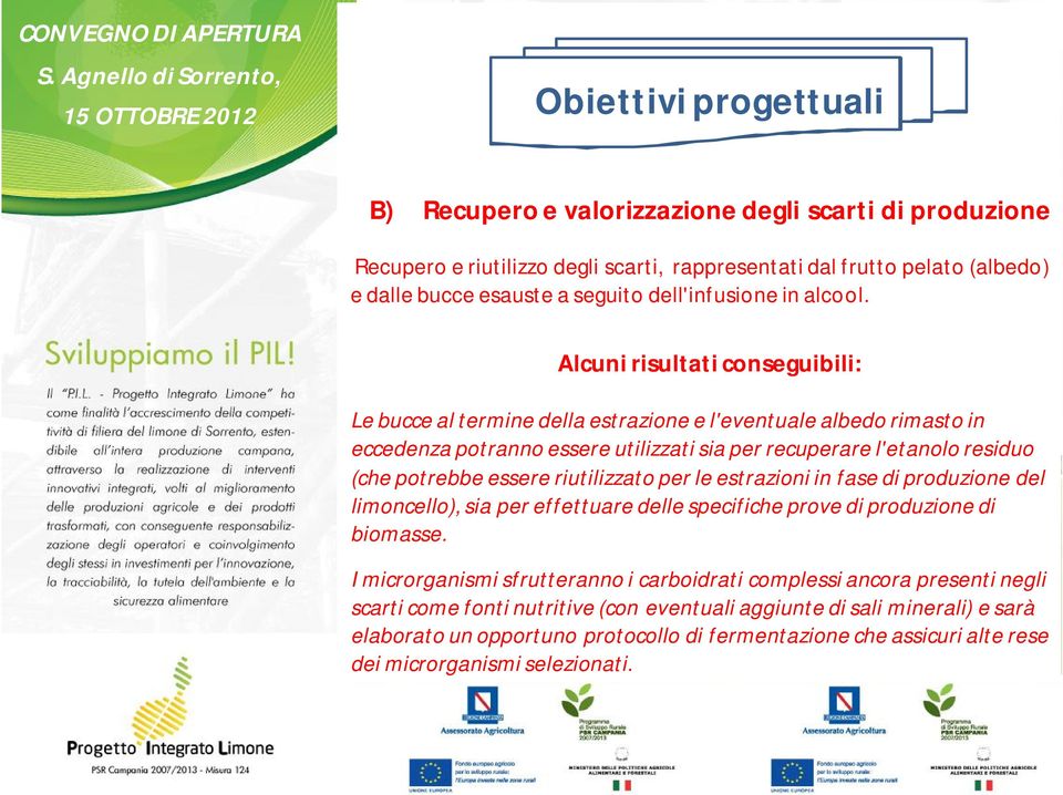 riutilizzato per le estrazioni in fase di produzione del limoncello), sia per effettuare delle specifiche prove di produzione di biomasse.