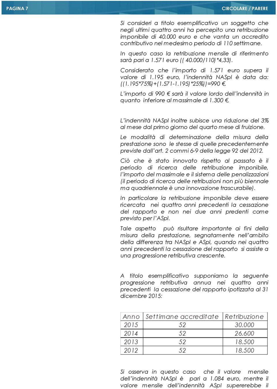 Considerato che l importo di 1.571 euro supera il valore di 1.195 euro, l indennità NASpI è data da: ((1.195*75%)+(1.571-1.195)*25%))=990.