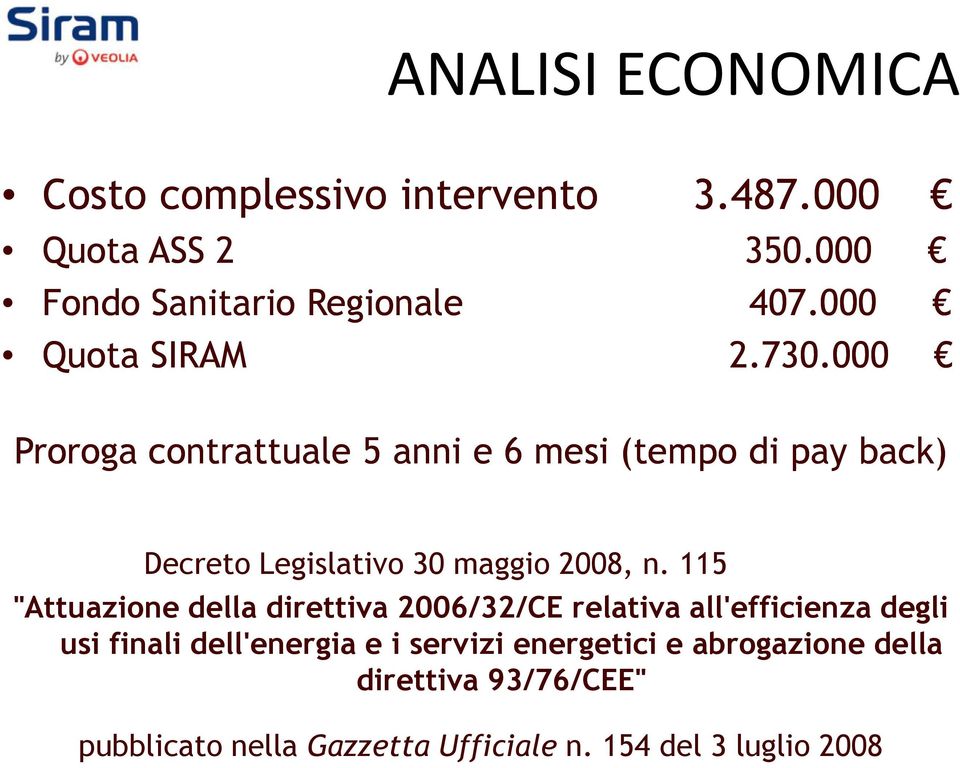 000 Proroga contrattuale 5 anni e 6 mesi (tempo di pay back) Decreto Legislativo 30 maggio 2008, n.