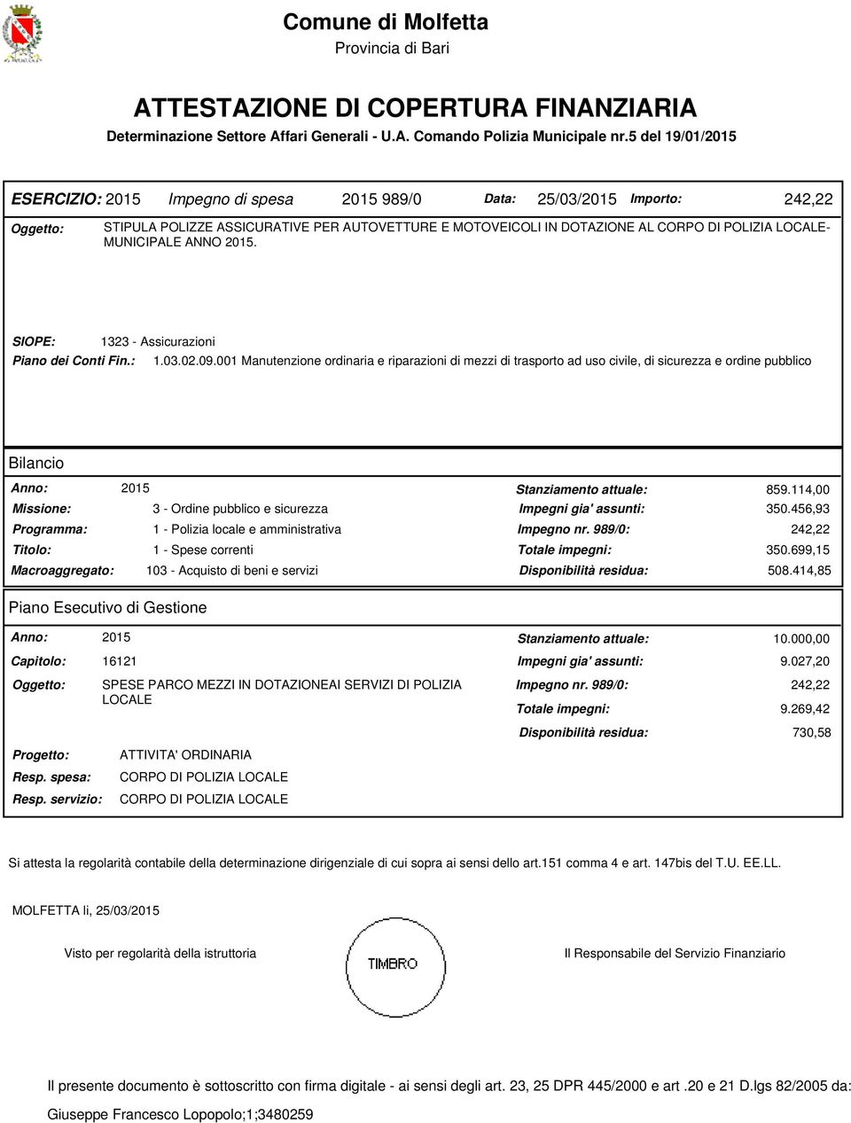 MUNICIPALE ANNO 2015. SIOPE: 1323 - Assicurazioni Piano dei Conti Fin.: 1.03.02.09.