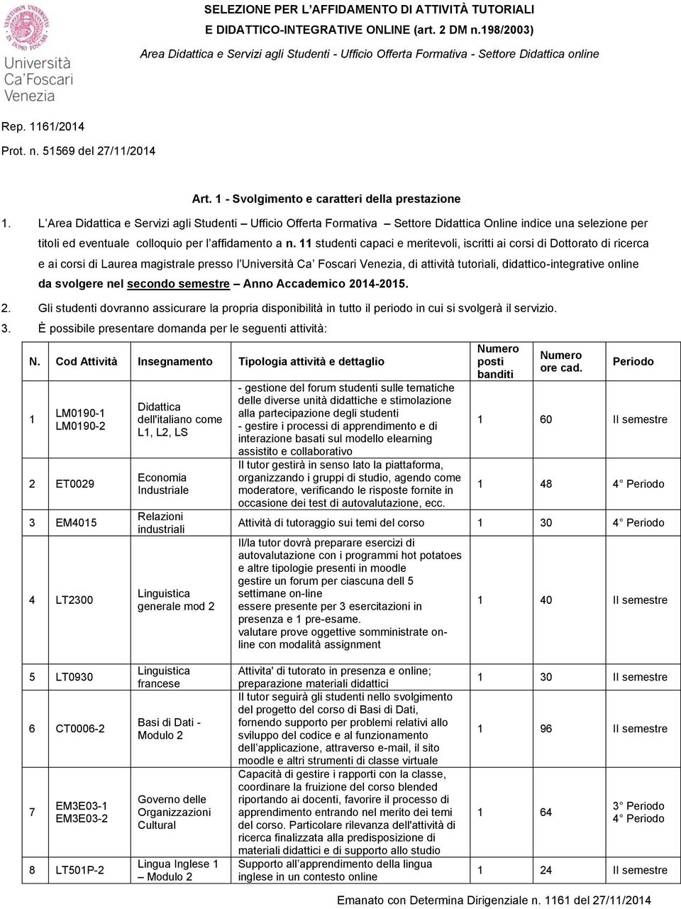 1 - Svolgimento e caratteri della prestazione 1.