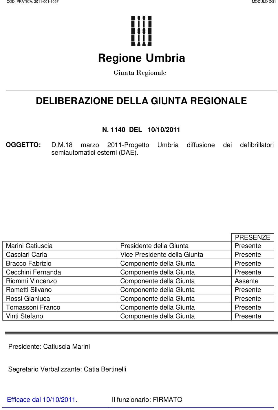 PRESENZE Marini Catiuscia Presidente della Giunta Presente Casciari Carla Vice Presidente della Giunta Presente Bracco Fabrizio Componente della Giunta Presente Cecchini Fernanda Componente