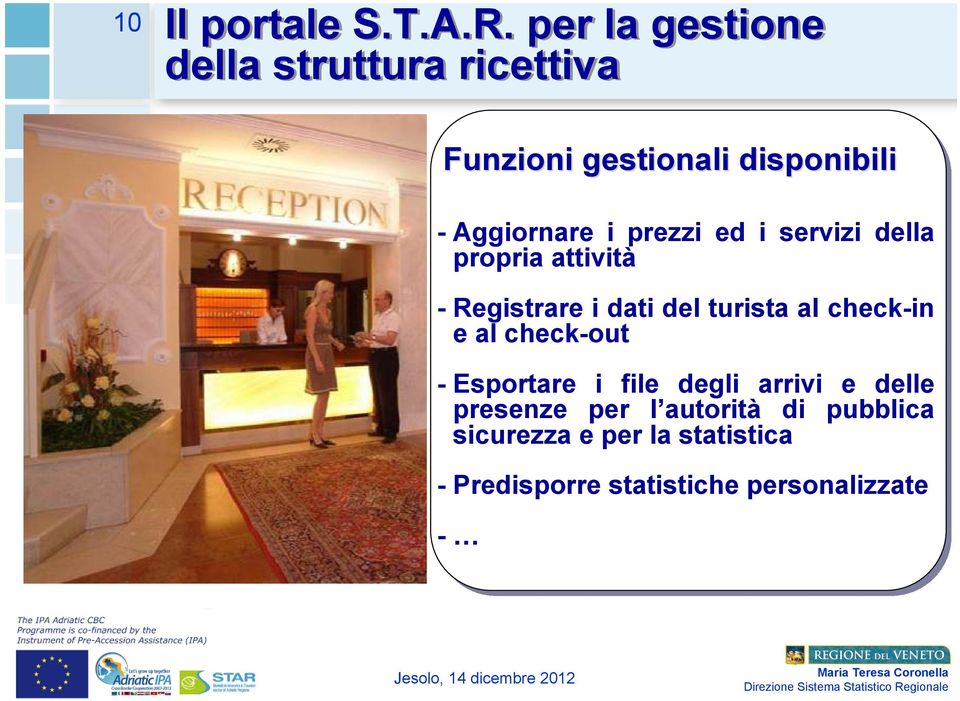 prezzi ed i servizi della propria attività Registrare i dati del turista al checkin e