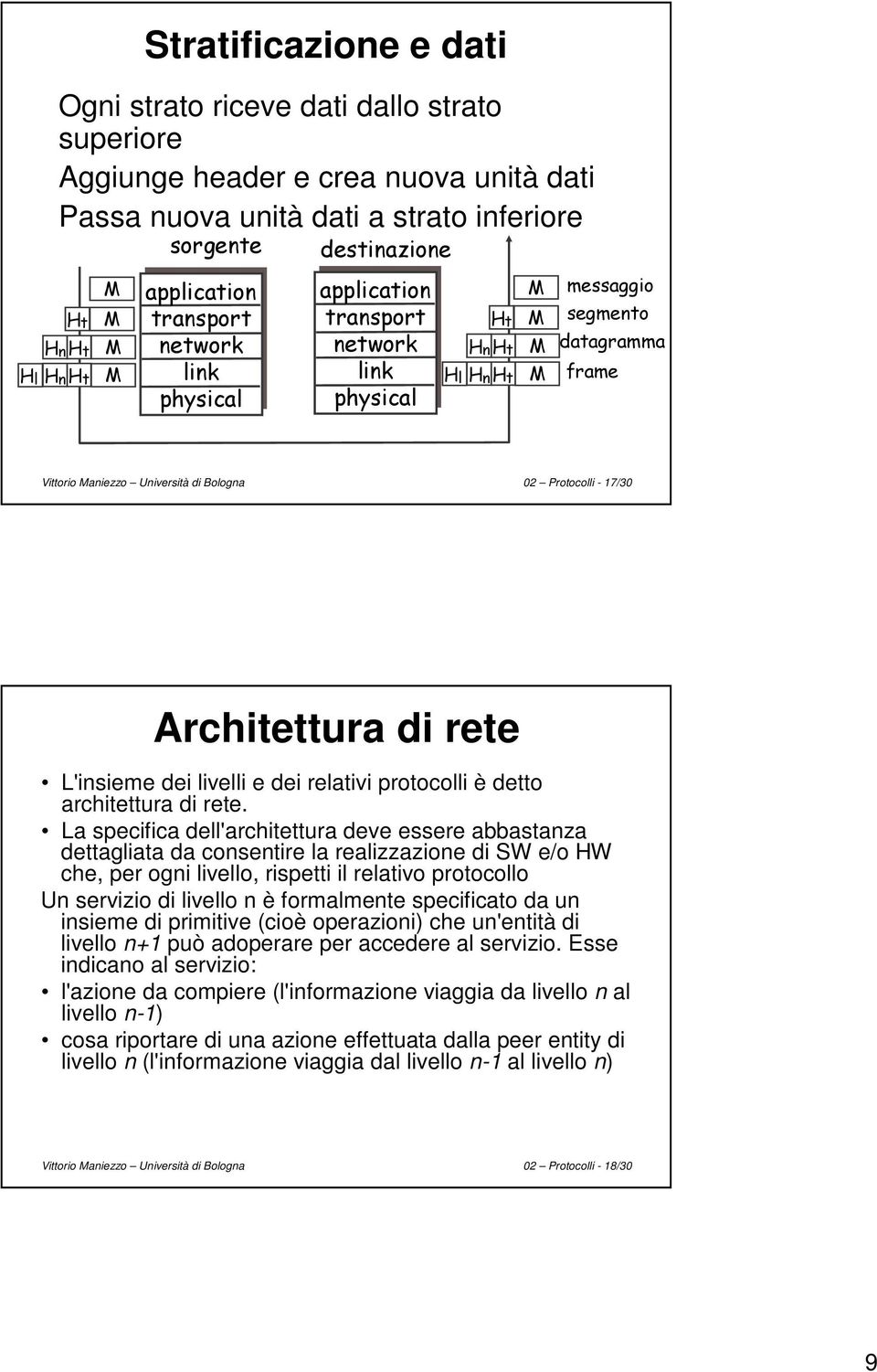 La specifica dell'architettura deve essere abbastanza dettagliata da consentire la realizzazione di SW e/o HW che, per ogni livello, rispetti il relativo protocollo Un servizio di livello n è