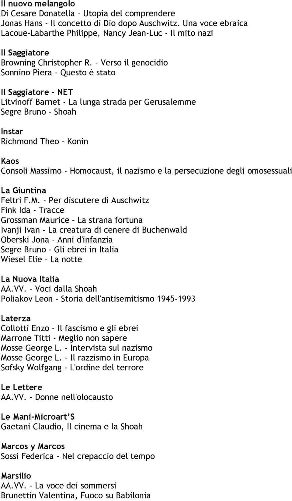 - Verso il genocidio Sonnino Piera - Questo è stato Il Saggiatore NET Litvinoff Barnet - La lunga strada per Gerusalemme Segre Bruno - Shoah Instar Richmond Theo - Konin Kaos Consoli Massimo -