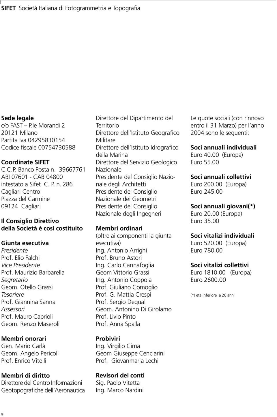 Elio Falchi Vice Presidente Prof. Maurizio Barbarella Segretario Geom. Otello Grassi Tesoriere Prof. Giannina Sanna Assessori Prof. Mauro Caprioli Geom. Renzo Maseroli Membri onorari Gen.