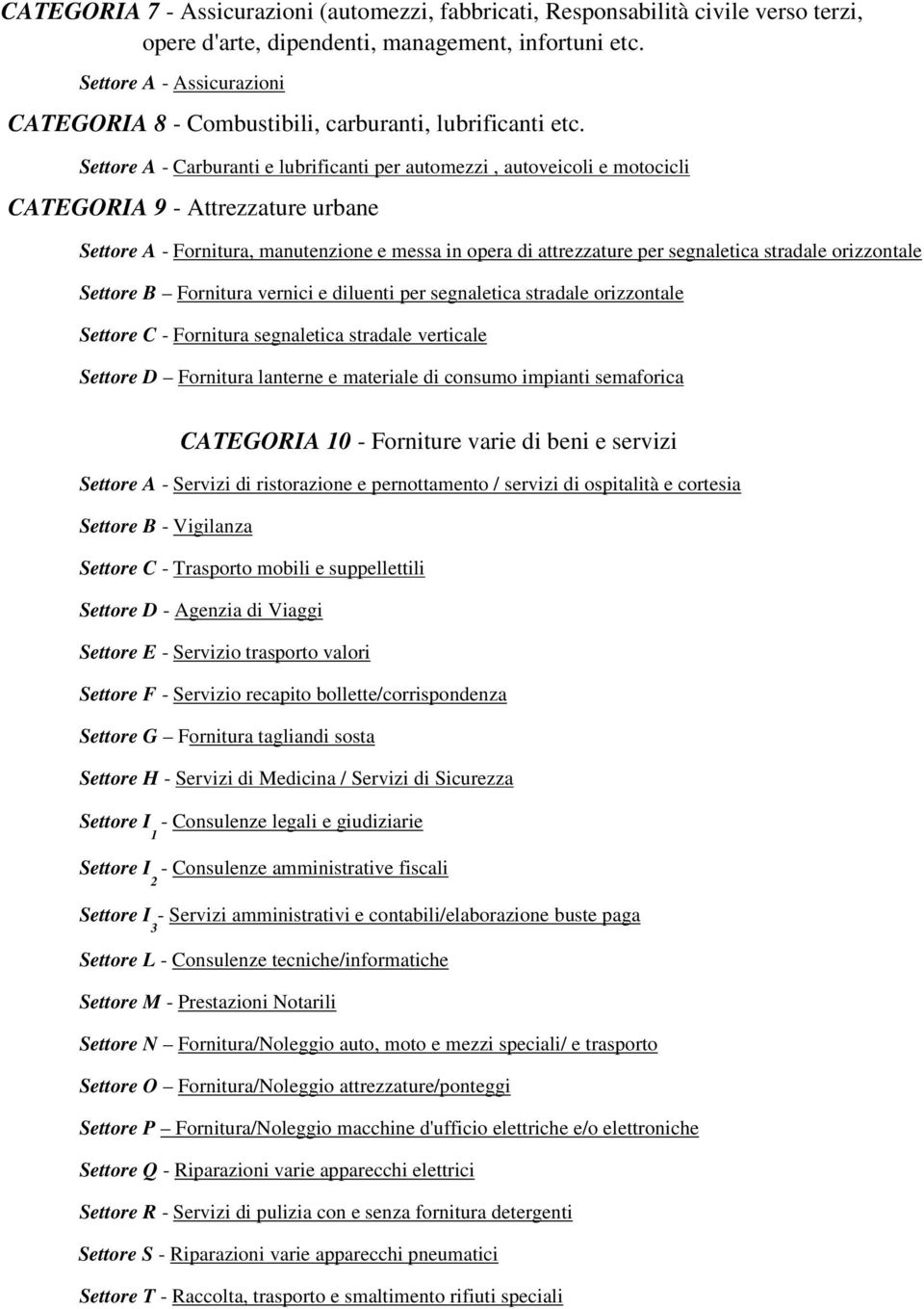 Settore A - arburanti e lubrificanti per automezzi, autoveicoli e motocicli ATEGORIA 9 - Attrezzature urbane Settore A - Fornitura, manutenzione e messa in opera di attrezzature per segnaletica