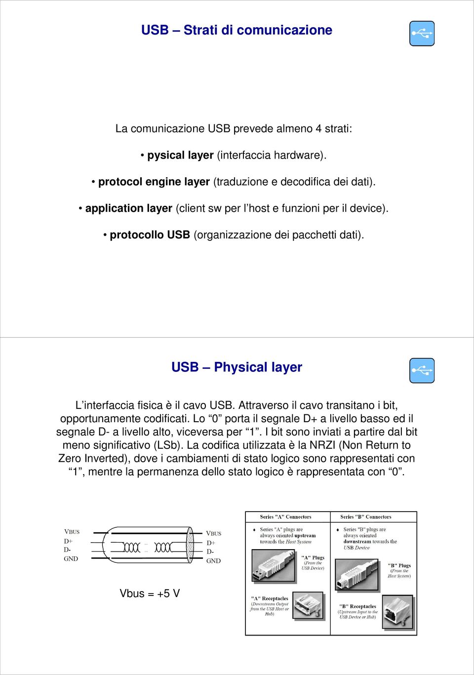 Attraverso il cavo transitano i bit, opportunamente codificati. Lo 0 porta il segnale D+ a livello basso ed il segnale D- a livello alto, viceversa per 1.