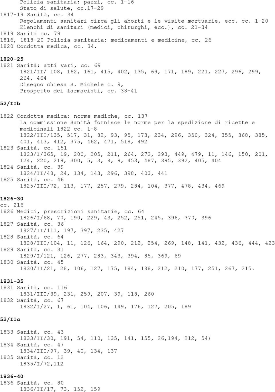 69 1821/II/ 108, 162, 161, 415, 402, 135, 69, 171, 189, 221, 227, 296, 299, 264, 464 Disegno chiesa S. Michele c. 9, Prospetto dei farmacisti, cc. 38-41 52/IIb 1822 Condotta medica: norme mediche, cc.