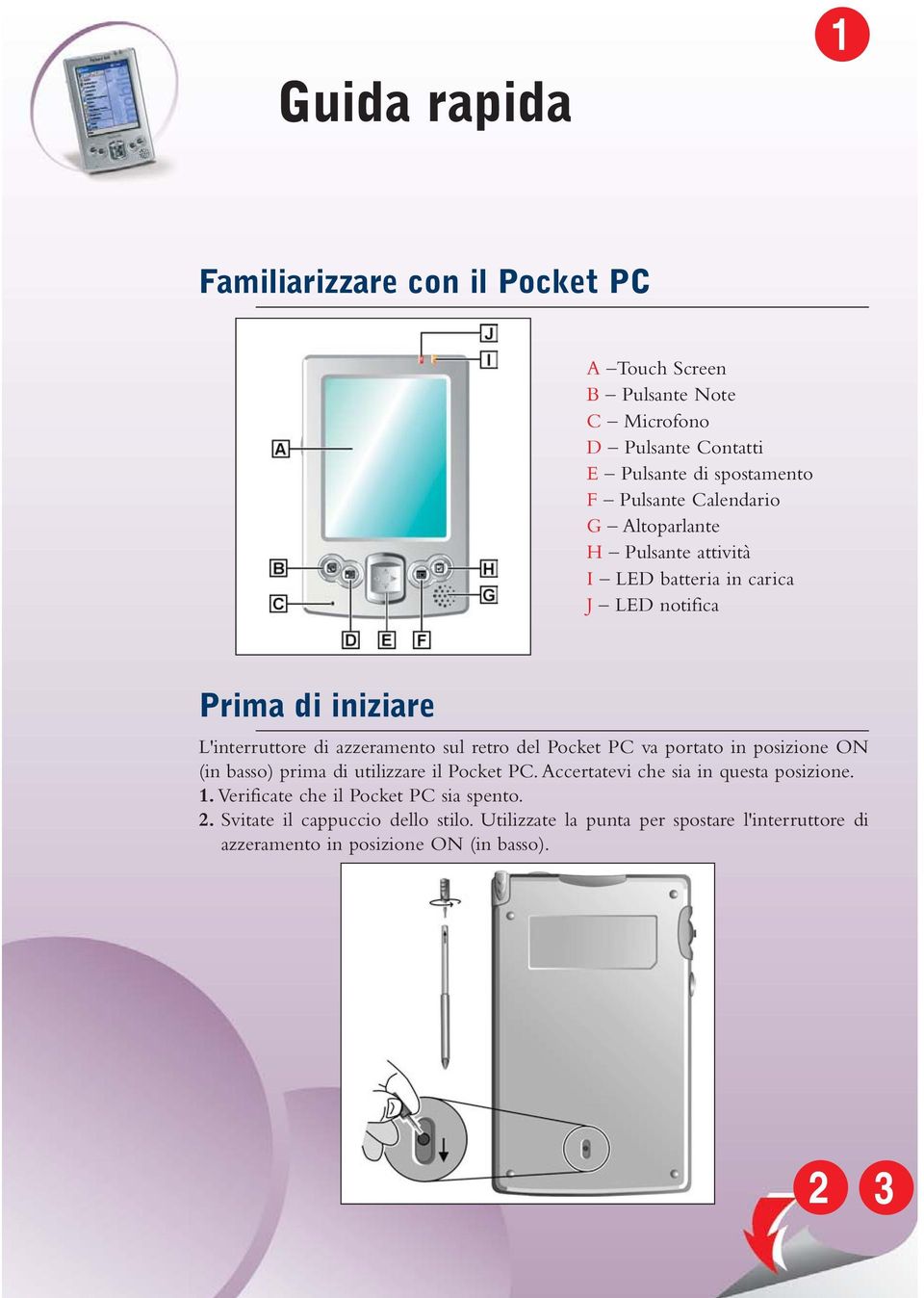 Pocket PC va portato in posizione ON (in basso) prima di utilizzare il Pocket PC. Accertatevi che sia in questa posizione. 1.