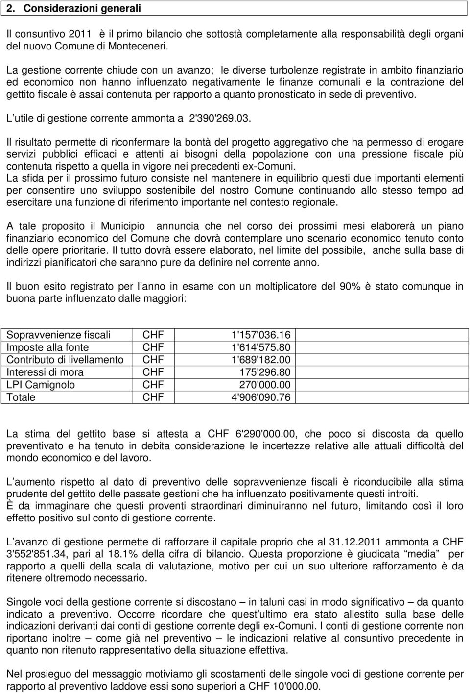 fiscale è assai contenuta per rapporto a quanto pronosticato in sede di preventivo. L utile di gestione corrente ammonta a 2'390'269.03.