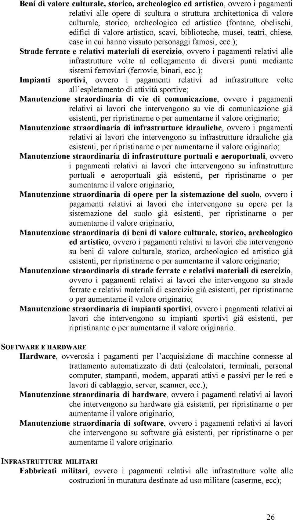 ); Strade ferrate e relativi materiali di esercizio, ovvero i pagamenti relativi alle infrastrutture volte al collegamento di diversi punti mediante sistemi ferroviari (ferrovie, binari, ecc.