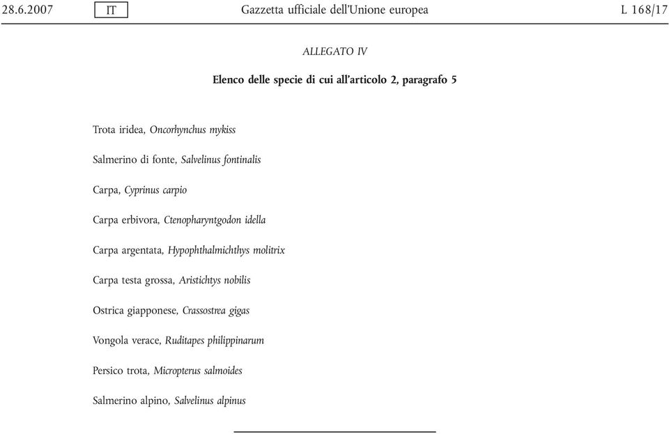 Ctenopharyntgodon idella Carpa argentata, Hypophthalmichthys molitrix Carpa testa grossa, Aristichtys nobilis Ostrica