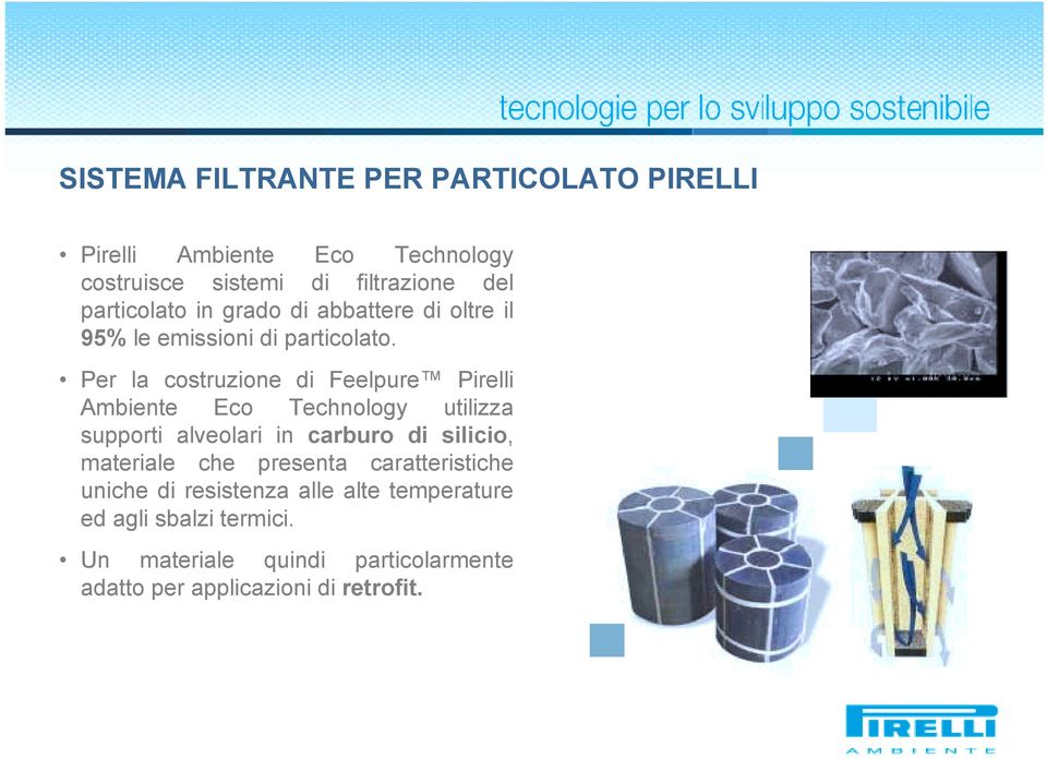 Per la costruzione di Feelpure Pirelli Ambiente Eco Technology utilizza supporti alveolari in carburo di silicio,