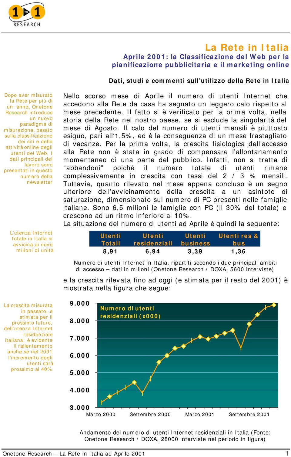 I dati principali del lavoro sono presentati in questo numero della newsletter L utenza Internet totale in Italia si avvicina ai nove milioni di unità Nello scorso mese di Aprile il numero di utenti