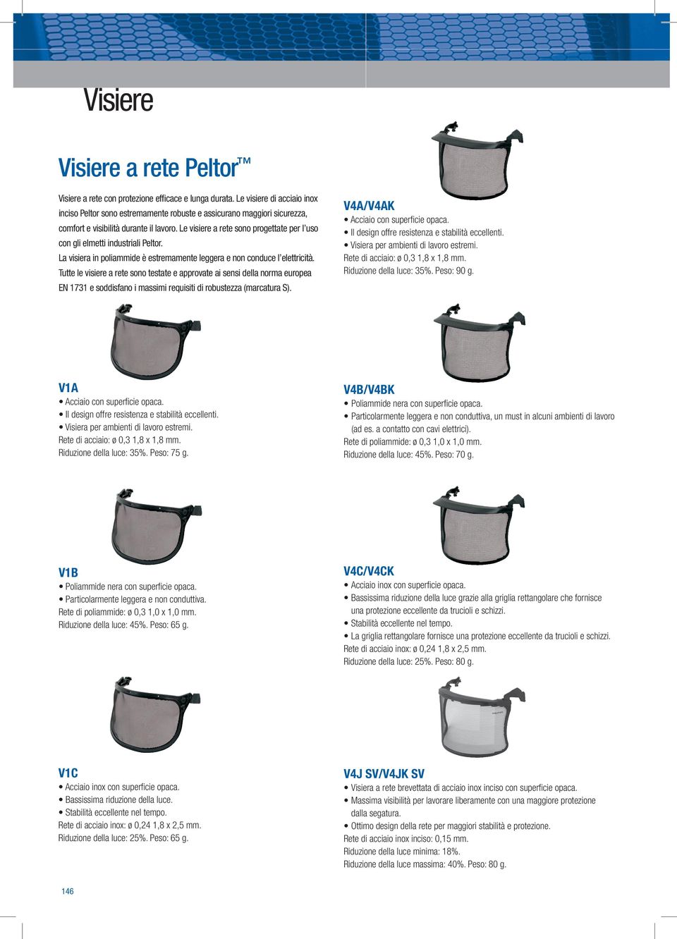 Le visiere a rete sono progettate per l uso con gli elmetti industriali Peltor. La visiera in poliammide è estremamente leggera e non conduce l elettricità.