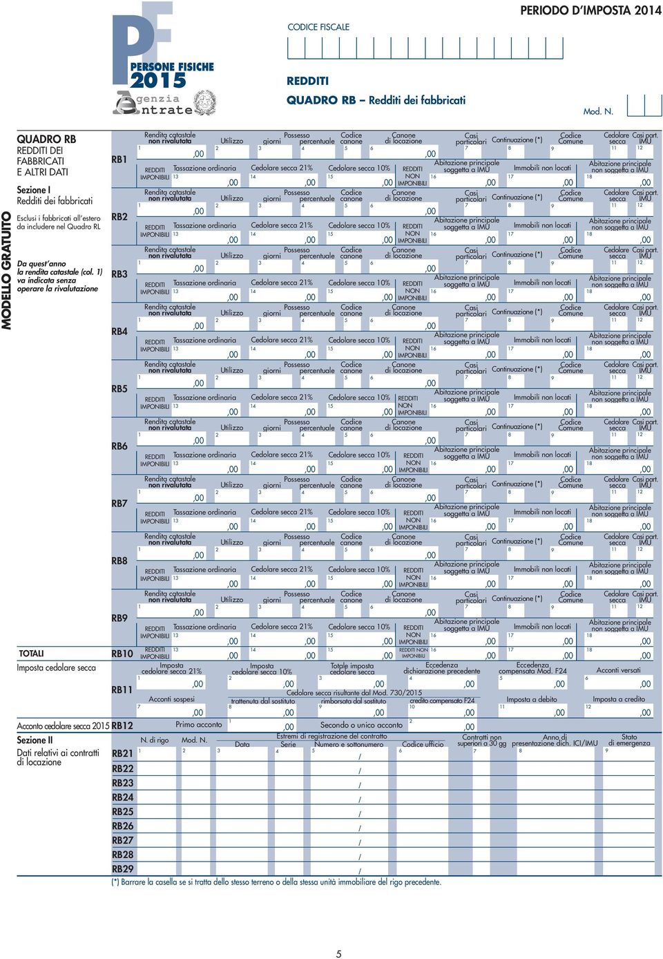 ) RB va indicata senza Tassazione ordinaria Cedolare secca % Cedolare secca 0% soggetta a IMU operare la rivalutazione NON Codice Cedolare part. RB Codice Cedolare part.