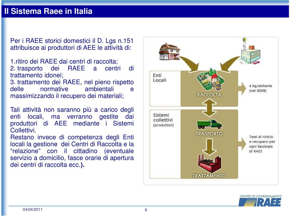 trattamento dei RAEE, nel pieno rispetto delle normative ambientali e massimizzando il recupero dei materiali; Tali attività non saranno più a carico degli enti locali,