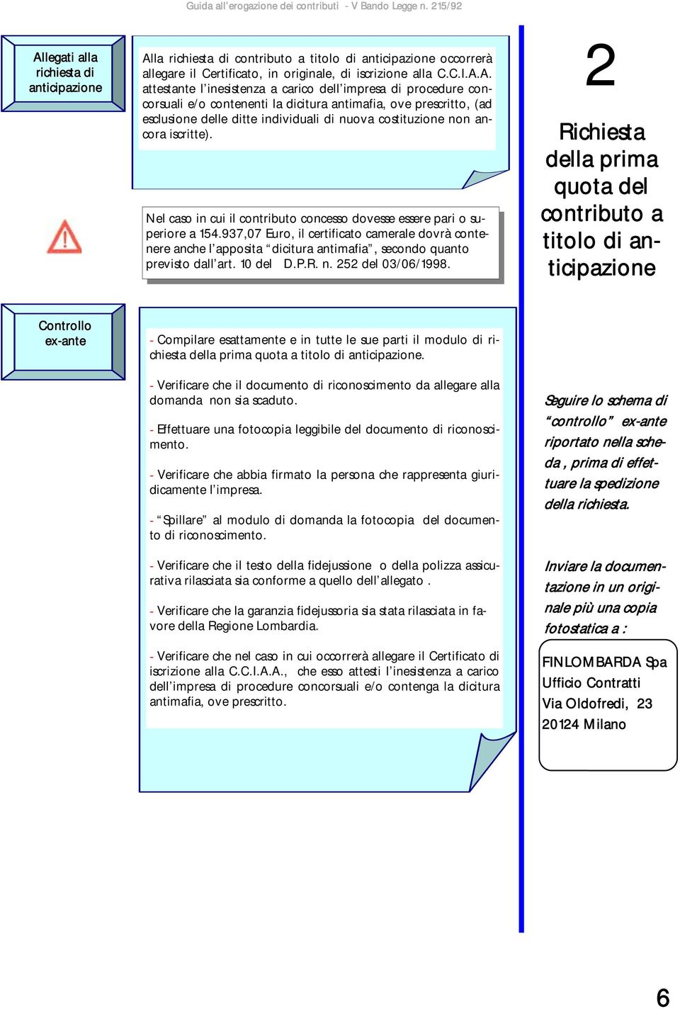 Nel caso in cui il contributo concesso dovesse essere pari o superiore a 154.937,07 Euro, il certificato camerale dovrà contenere anche l apposita dicitura antimafia, secondo quanto previsto dall art.