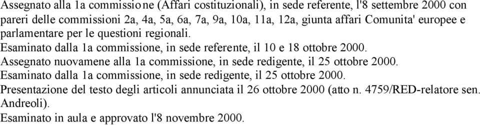 Assegnato nuovamene alla 1a commissione, in sede redigente, il 25 ottobre 2000. Esaminato dalla 1a commissione, in sede redigente, il 25 ottobre 2000.