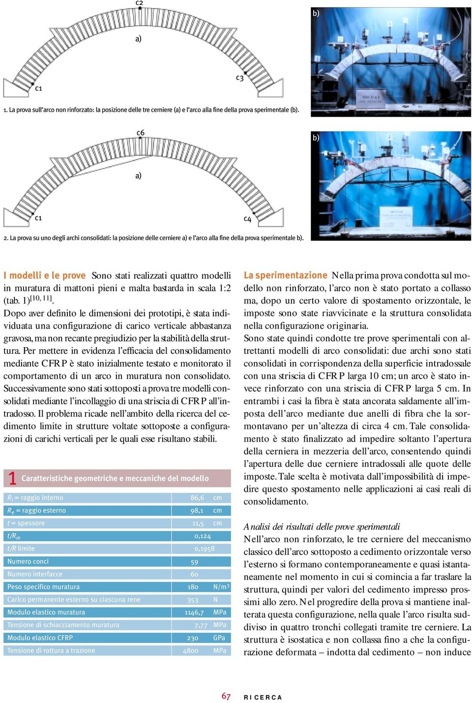 I modelli e le prove Sono stati realizzati quattro modelli in muratura di mattoni pieni e malta bastarda in scala 1:2 (tab. 1) [10, 11].