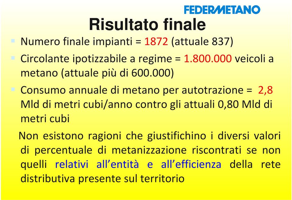 000) Consumo annuale di metano per autotrazione = 2,8 Mlddi metri cubi/anno contro gli attuali 0,80 Mlddi metri