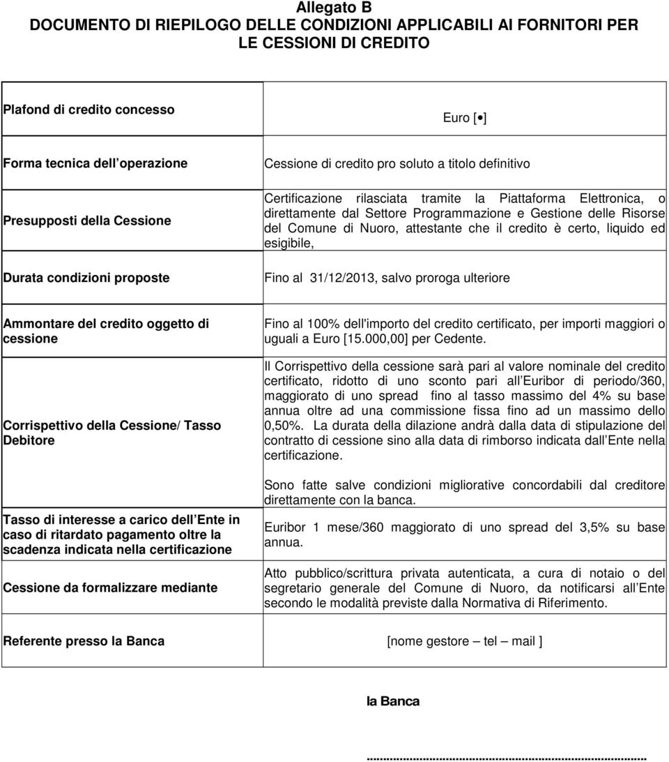 Risorse del Comune di Nuoro, attestante che il credito è certo, liquido ed esigibile, Fino al 31/12/2013, salvo proroga ulteriore Ammontare del credito oggetto di cessione Corrispettivo della