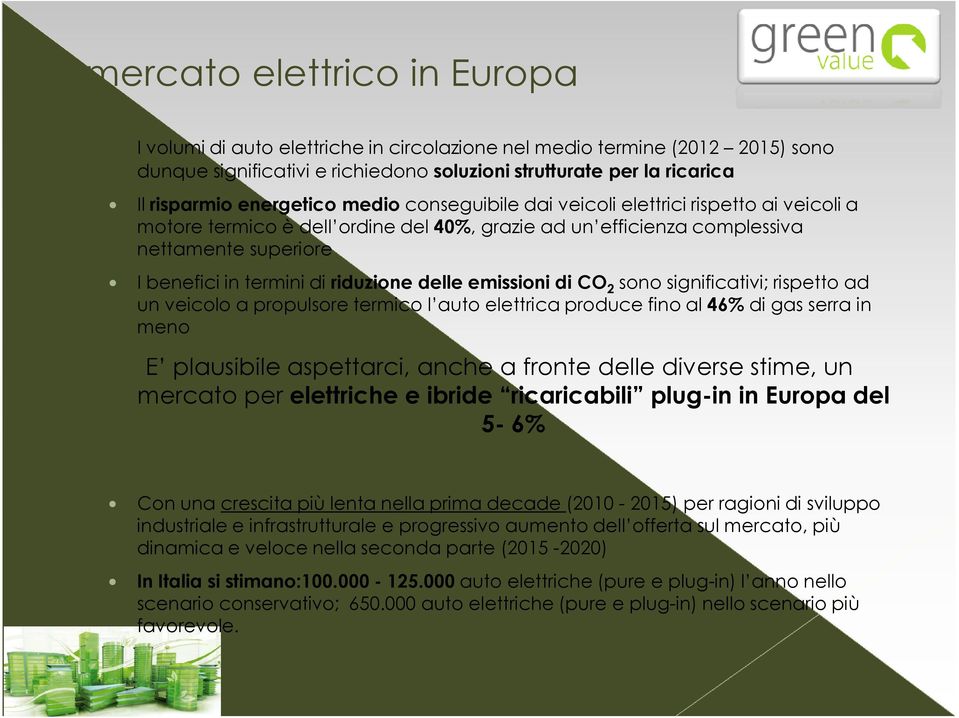 riduzione delle emissioni di CO 2 sono significativi; rispetto ad un veicolo a propulsore termico l auto elettrica produce fino al 46% di gas serra in meno E plausibile aspettarci, anche a fronte