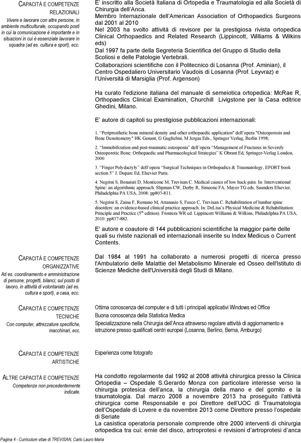 Membro Internazionale dell American Association of Orthopaedics Surgeons dal 2001 al 2010 Nel 2003 ha svolto attività di revisore per la prestigiosa rivista ortopedica Clinical Orthopaedics and