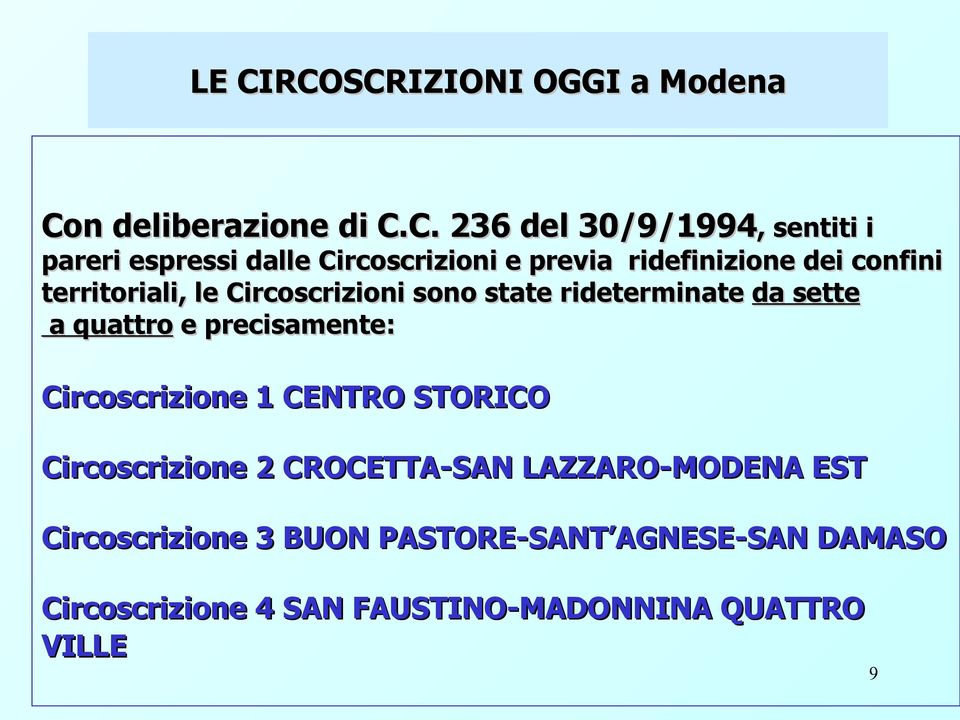 sette a quattro e precisamente: Circoscrizione 1 CENTRO STORICO Circoscrizione 2 CROCETTA-SAN LAZZARO-MODENA