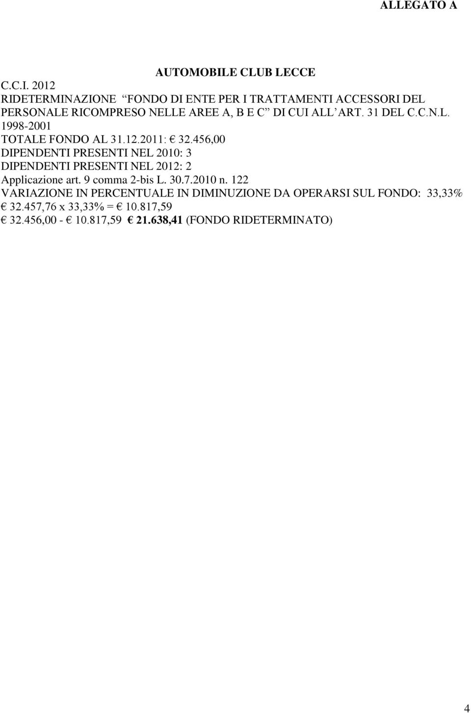 2012 RIDETERMINAZIONE FONDO DI ENTE PER I TRATTAMENTI ACCESSORI DEL PERSONALE RICOMPRESO NELLE AREE A, B E C DI CUI ALL ART.