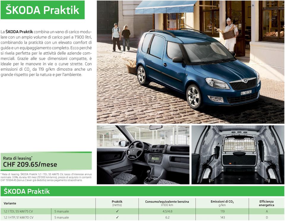 Con emissioni di CO 2 da 119 g/km dimostra anche un grande rispetto per la natura e per l ambiente. Rata di leasing * CHF 209.65/mese * Rata di leasing: ŠKODA Praktik 1.