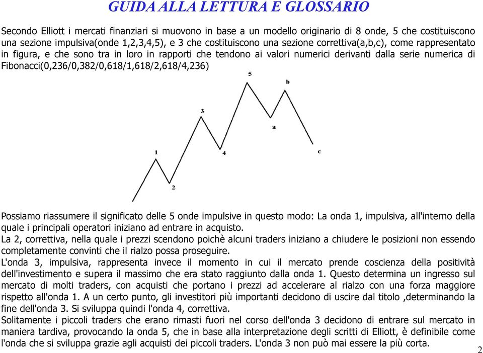 Fibonacci(0,236/0,382/0,618/1,618/2,618/4,236) Possiamo riassumere il significato delle 5 onde impulsive in questo modo: La onda 1, impulsiva, all'interno della quale i principali operatori iniziano