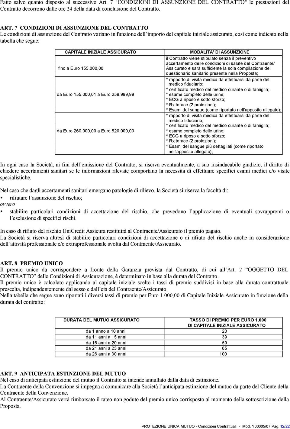 CAPITALE INIZIALE ASSICURATO fino a Euro 155.000,00 da Euro 155.000,01 a Euro 259.999,99 da Euro 260.000,00 a Euro 520.