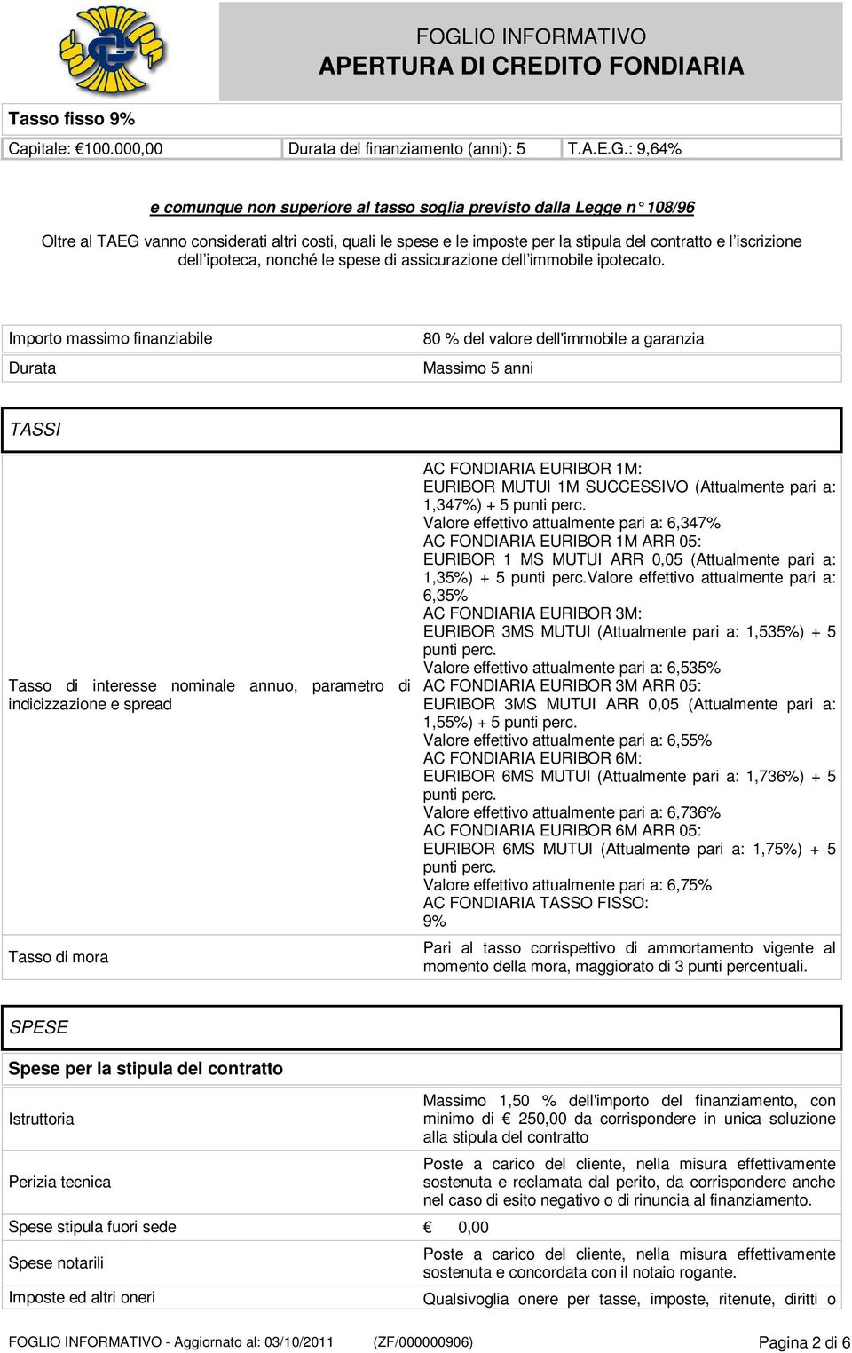: 9,64% e comunque non superiore al tasso soglia previsto dalla Legge n 108/96 Oltre al TAEG vanno considerati altri costi, quali le spese e le imposte per la stipula del contratto e l iscrizione