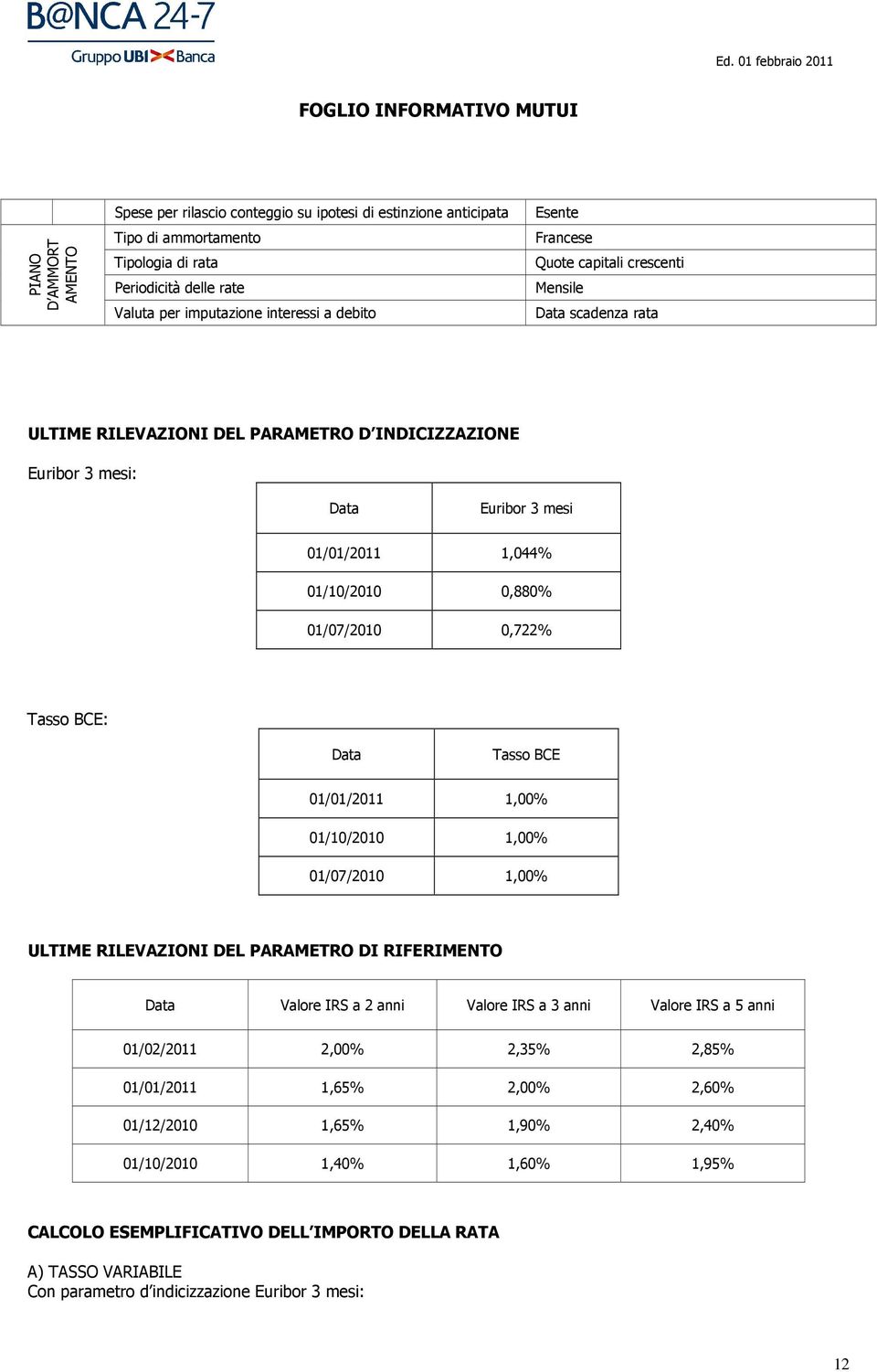 BCE: Data Tasso BCE 01/01/2011 1,00% 01/10/2010 1,00% 01/07/2010 1,00% ULTIME RILEVAZIONI DEL PARAMETRO DI RIFERIMENTO Data Valore IRS a 2 anni Valore IRS a 3 anni Valore IRS a 5 anni 01/02/2011