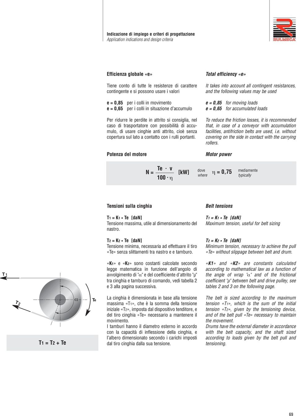 0,85 e = 0,65 for moving loads for accumulated loads Per ridurre le perdite in attrito si consiglia, nel caso di trasportatore con possibilità di accu - mulo, di usare cinghie anti attrito, cioè