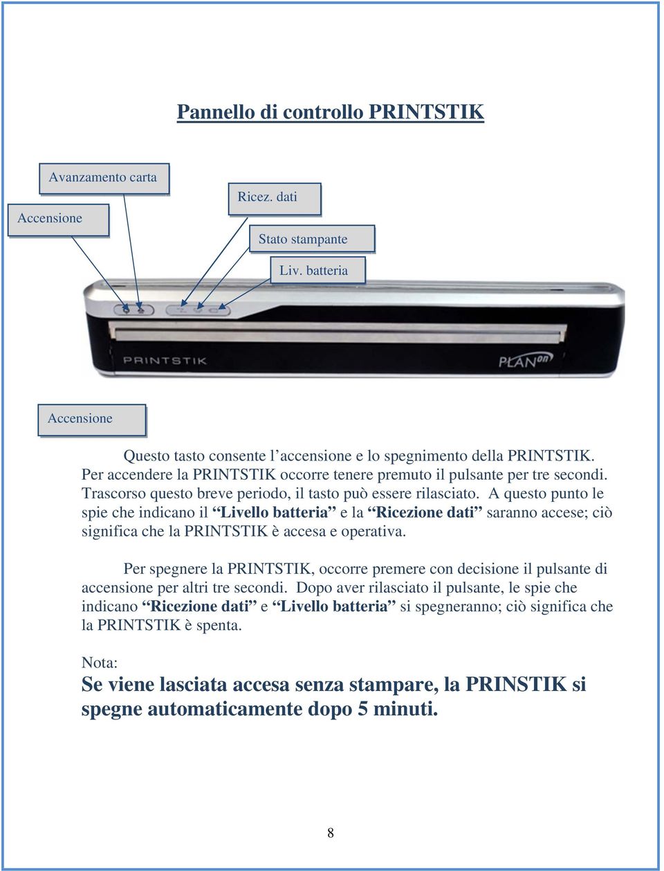 A questo punto le spie che indicano il Livello batteria e la Ricezione dati saranno accese; ciò significa che la PRINTSTIK è accesa e operativa.