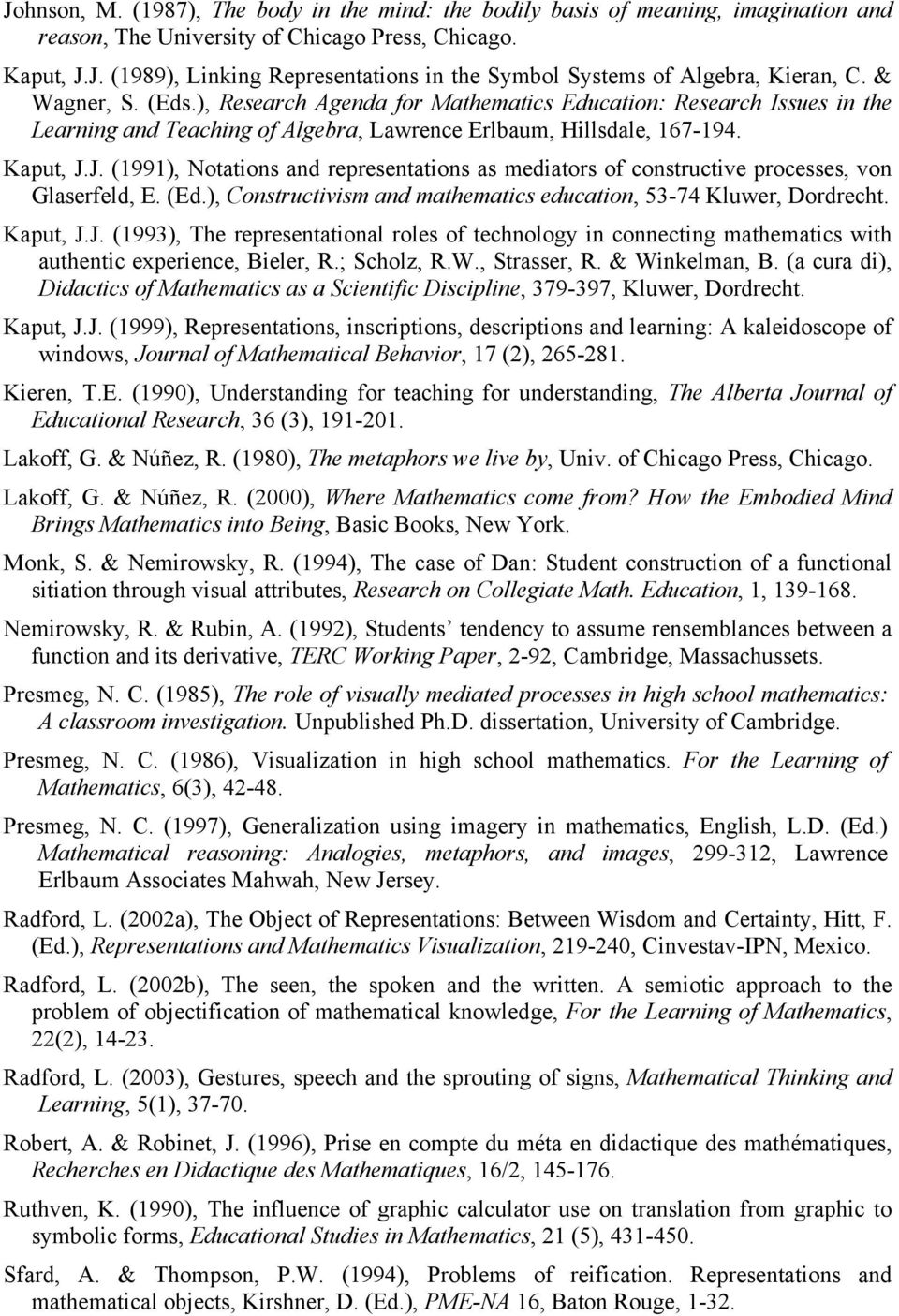 J. (1991), Notations and representations as mediators of constructive processes, von Glaserfeld, E. (Ed.), Constructivism and mathematics education, 53-74 Kluwer, Dordrecht. Kaput, J.J. (1993), The representational roles of technology in connecting mathematics with authentic experience, Bieler, R.