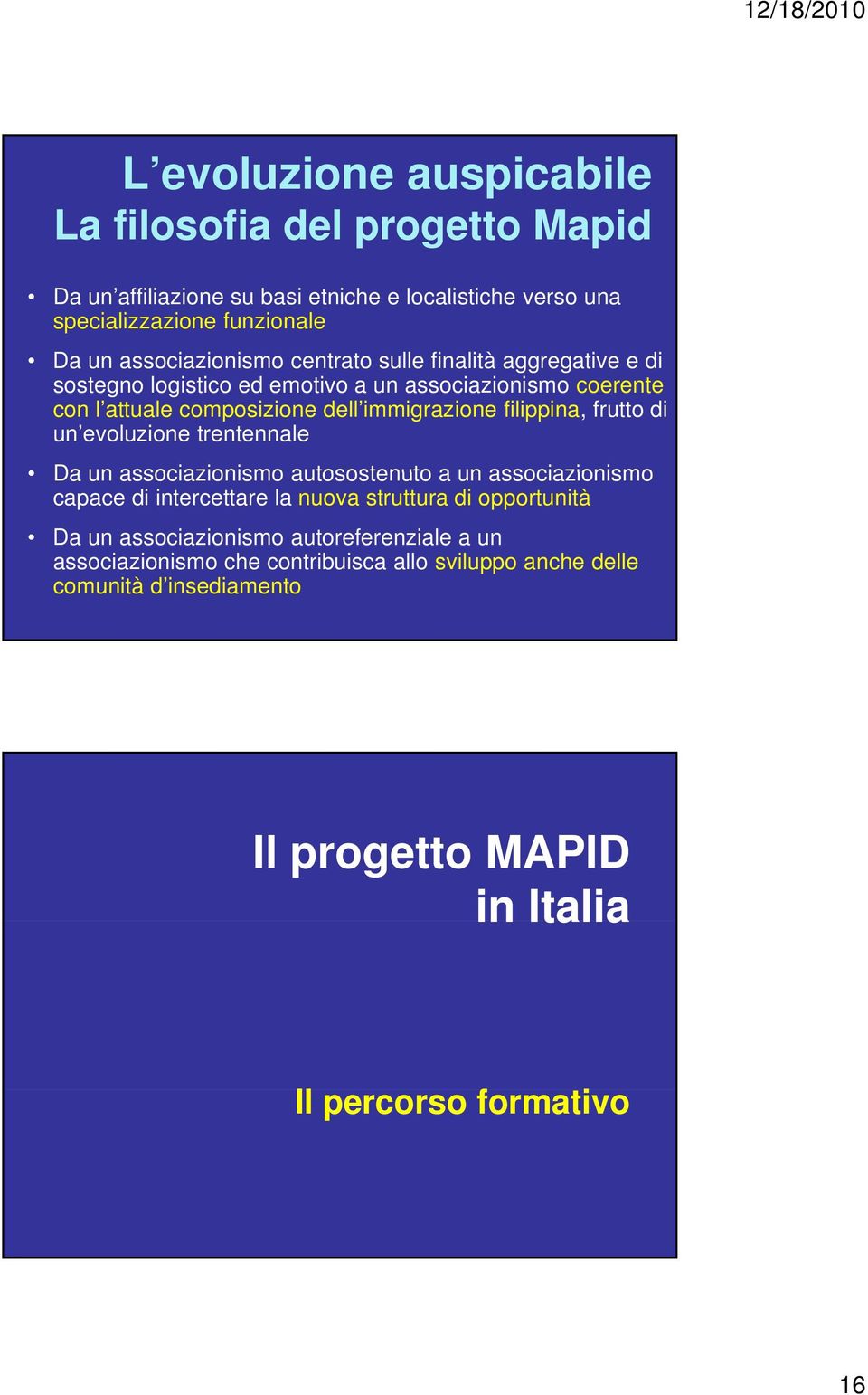 filippina, frutto di un evoluzione trentennale Da un associazionismo autosostenuto a un associazionismo capace di intercettare la nuova struttura di opportunità Da