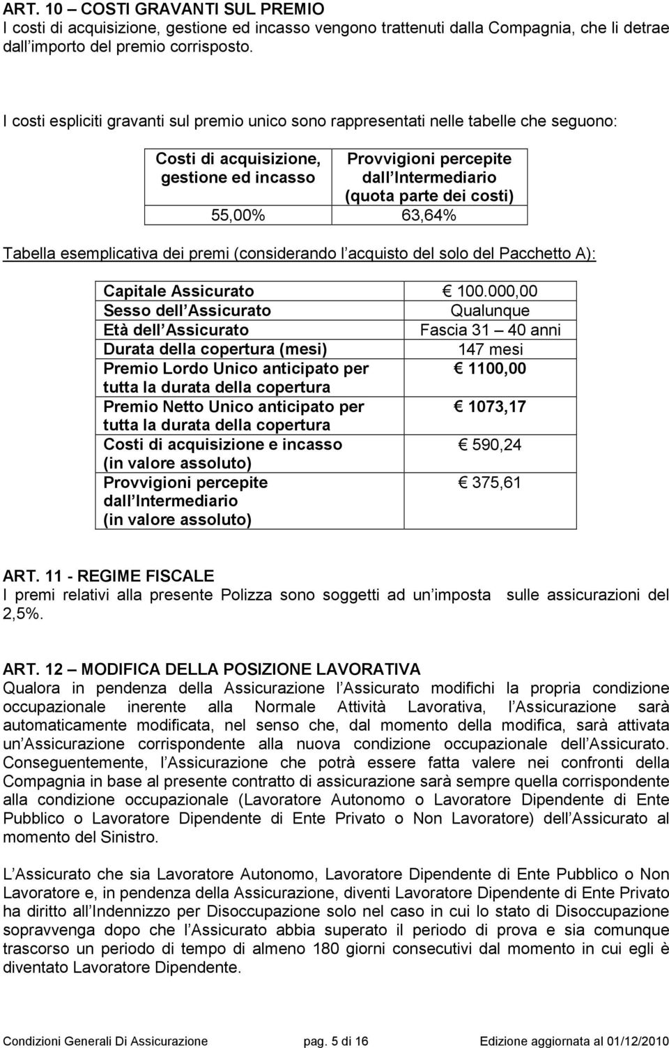 55,00% 63,64% Tabella esemplicativa dei premi (considerando l acquisto del solo del Pacchetto A): Capitale Assicurato 100.