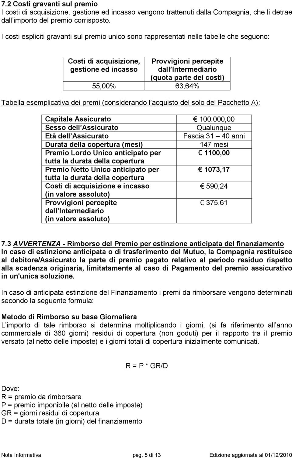 55,00% 63,64% Tabella esemplicativa dei premi (considerando l acquisto del solo del Pacchetto A): Capitale Assicurato 100.